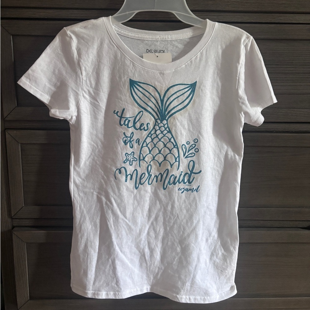 White and Blue Short Sleeve Tee with Mermaid Design